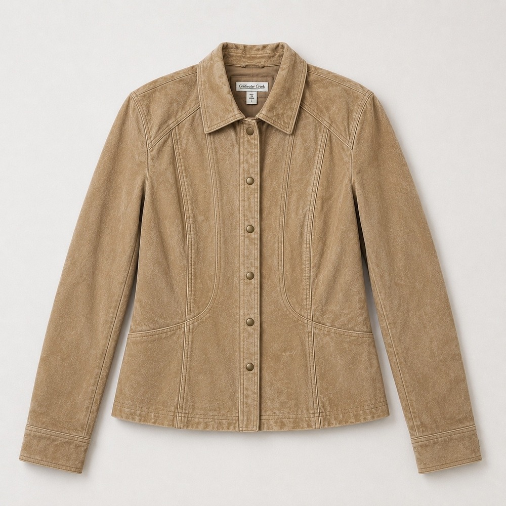 Coldwater Creek Tan Genuine Leather Snap Front Suede Trucker Jacket Womens L